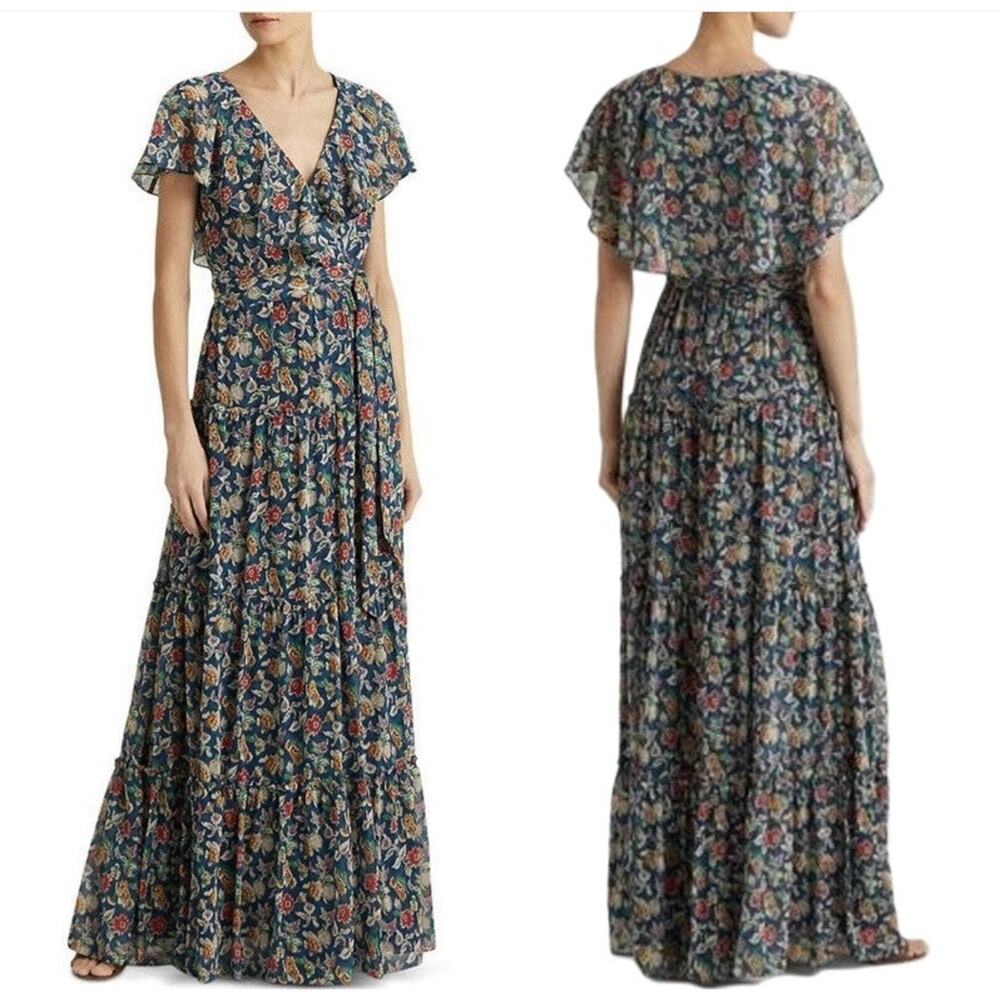 Lauren Ralph Lauren Women Chiffon Georgette Floral Tiered Maxi Boho Dress Size 2